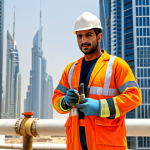 **A licensed gas worker in the United Arab Emirates, working on a modern gas installation with skyscrapers in the background.** (This represents opportunities in the UAE).