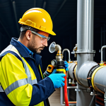 A professional gas technician in appropriate work attire, inspecting a gas pipeline with safety equipment, fully clothed, safe for work, perfect anatomy, natural pose, professional photography, high quality.