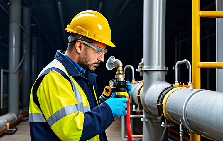 A professional gas technician in appropriate work attire, inspecting a gas pipeline with safety equipment, fully clothed, safe for work, perfect anatomy, natural pose, professional photography, high quality.